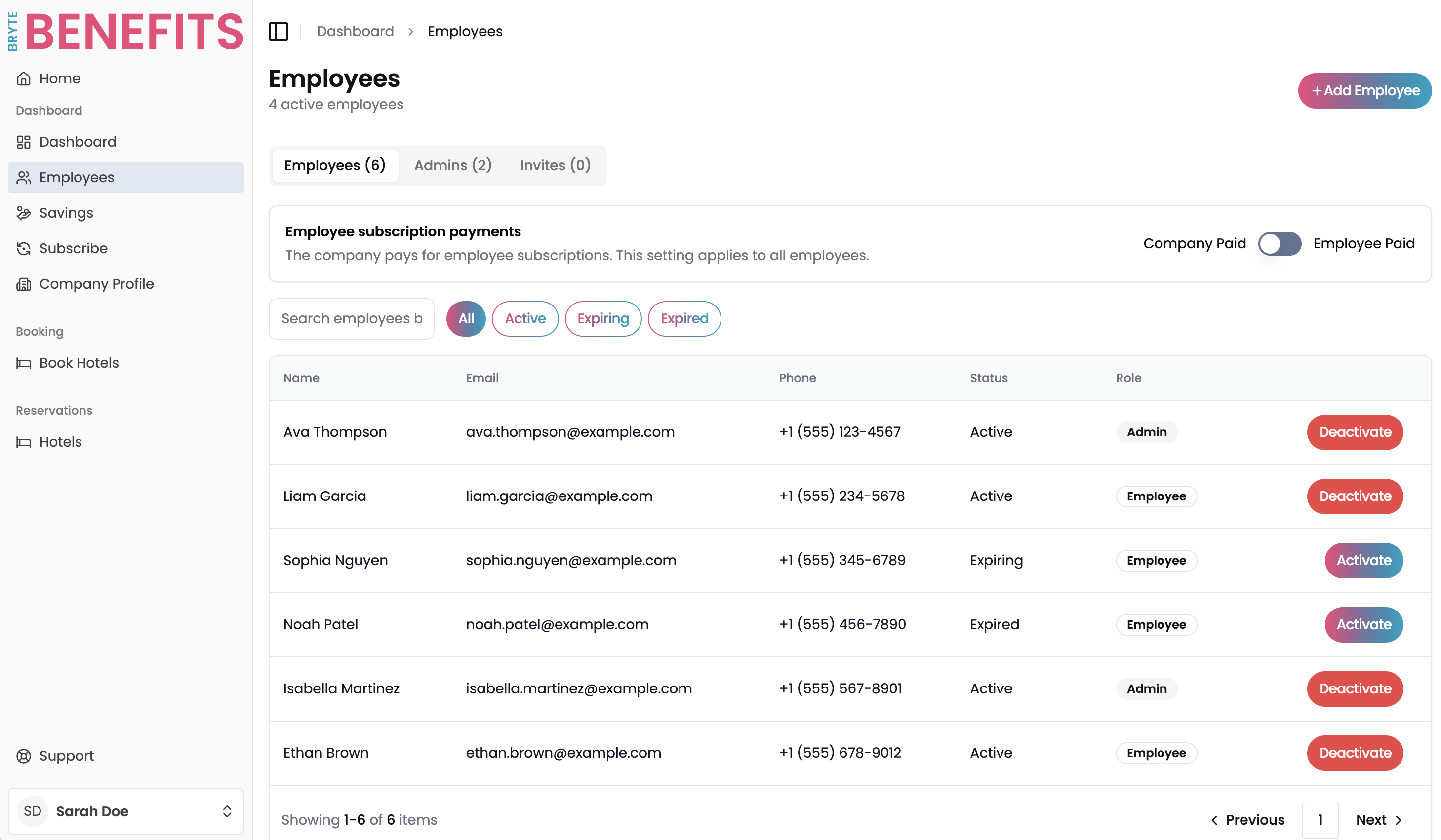 Bryte Benefits employee management dashboard